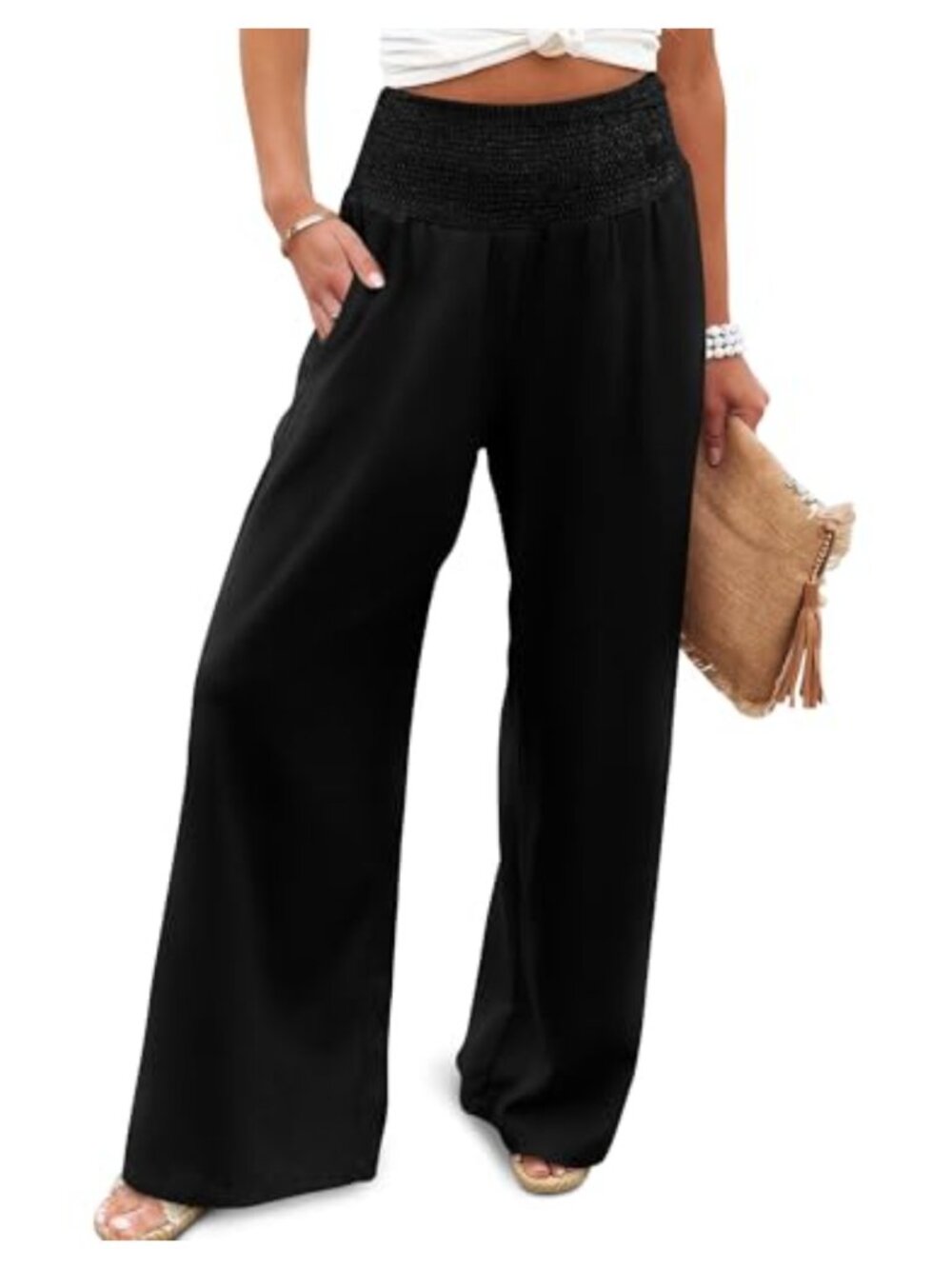 High Waist Wide Leg Palazzo Lounge Pants with Pockets 95% Polyester 5% Spandex